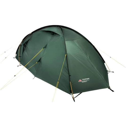 Rear view of green Ksena 3 tent showing ventilation ports and guyline system