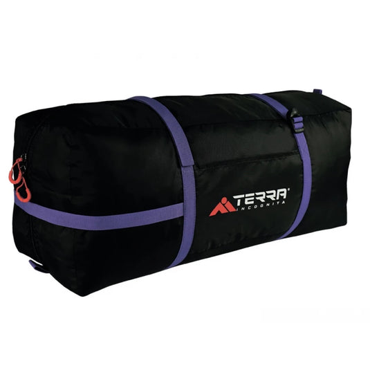 Black compression stuff sack with purple straps and Terra Incognita logo