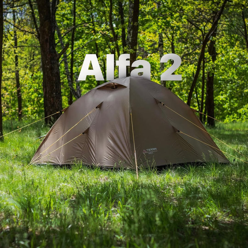 Load image into Gallery viewer, Sand-colored Terra Incognita Alfa 2 tent pitched in a sunny summer forest
