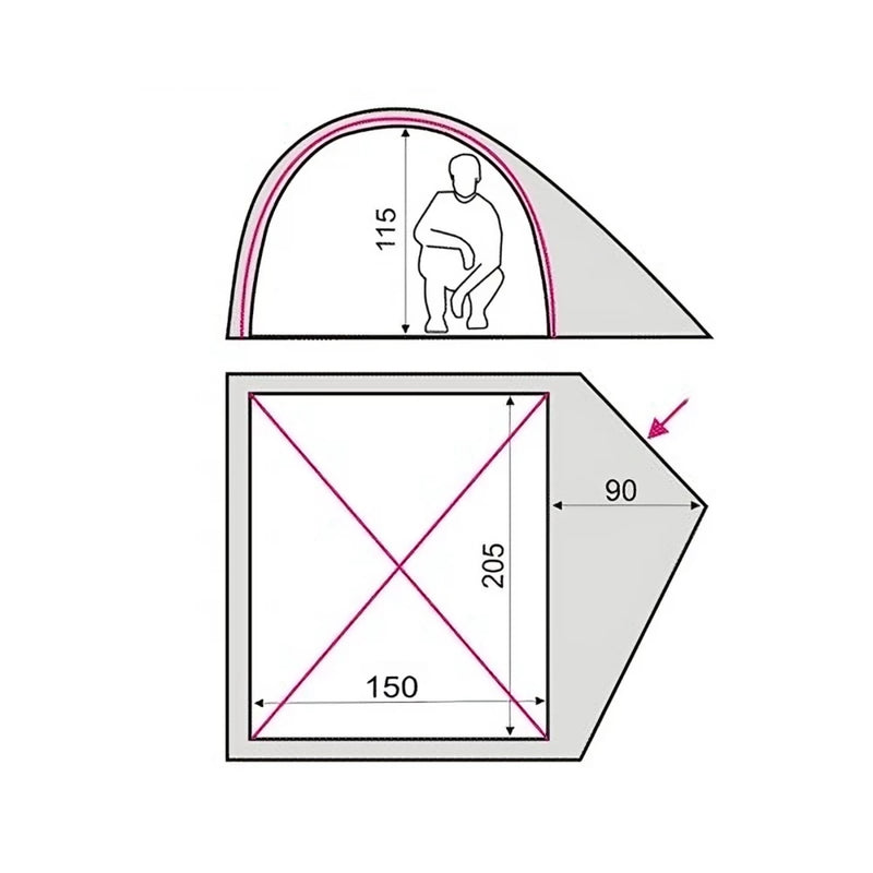 Load image into Gallery viewer, Size diagram of Alfa 2 tent: 150x205cm floor and 115cm height
