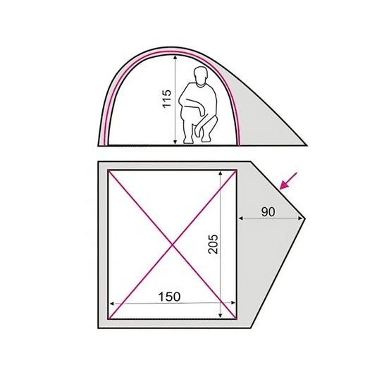 Size diagram of Alfa 2 tent: 150x205cm floor and 115cm height