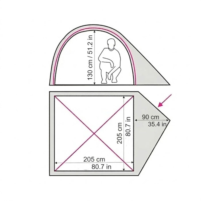Load image into Gallery viewer, Size diagram of Alfa 3 tent showing 205x205cm floor and 130cm height dimensions
