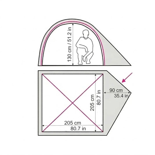 Size diagram of Alfa 3 tent showing 205x205cm floor and 130cm height dimensions