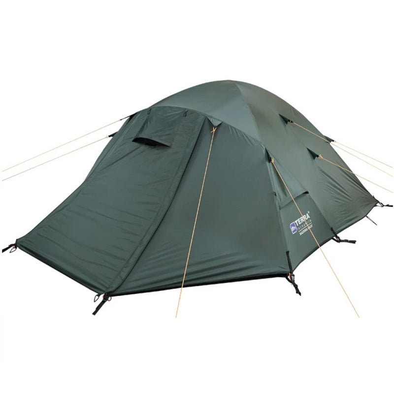 Load image into Gallery viewer, Khaki Terra Incognita Baltora 4 Alu 4-5 person tent fully pitched and closed
