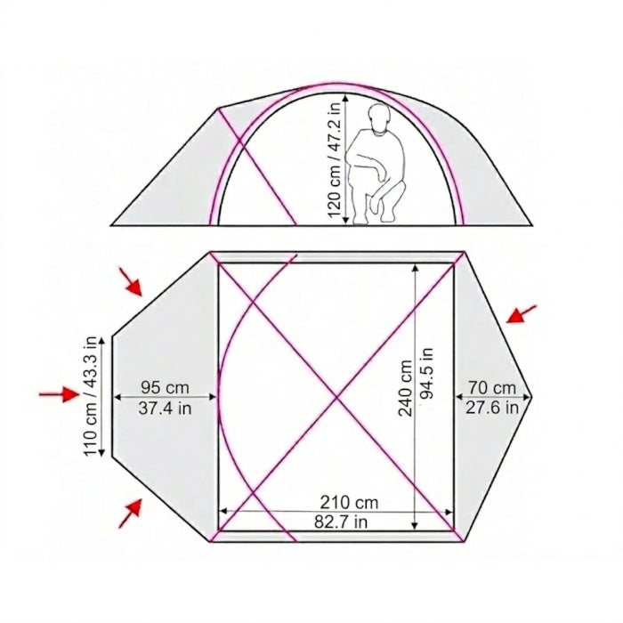 Load image into Gallery viewer, Diagram of a tent with dimensions labeled
