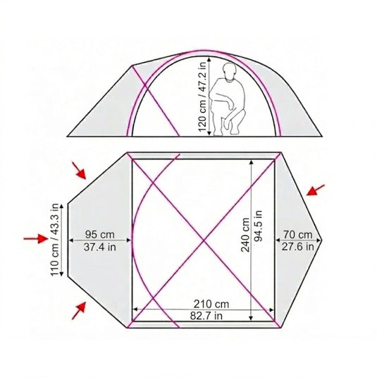 Diagram of a tent with dimensions labeled