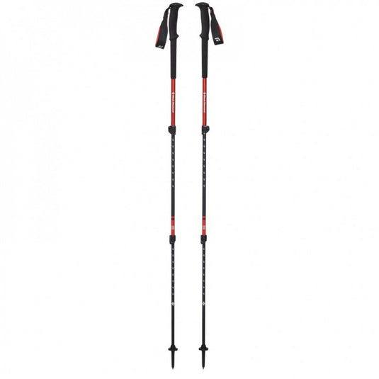Two black and red hiking poles on a white background