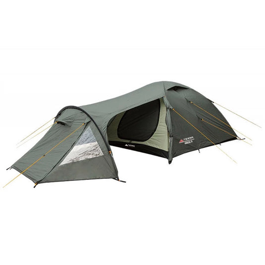 Fully assembled Geos 3-person tent in khaki with spacious front vestibule