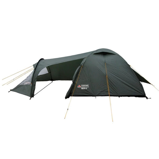 Three-season Geos 3-person tent in khaki color with large front vestibule