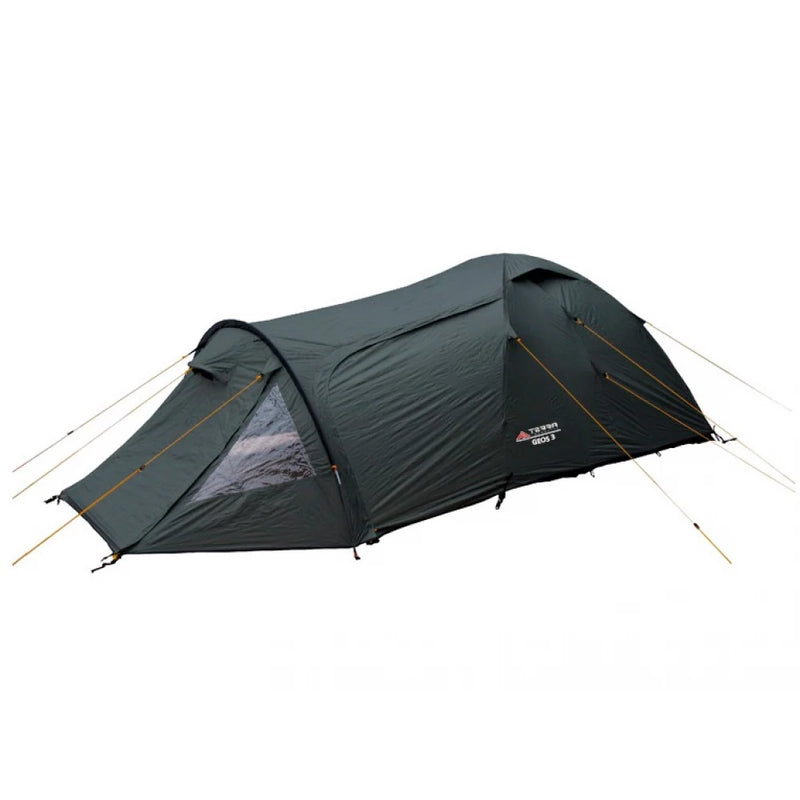 Load image into Gallery viewer, Side view of the Geos 3 tent in khaki with front vestibule and ventilation
