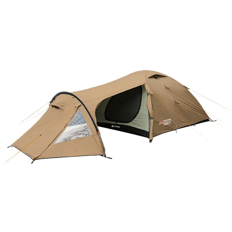 Load image into Gallery viewer, Geos 3-person camping tent in sand color with large front vestibule
