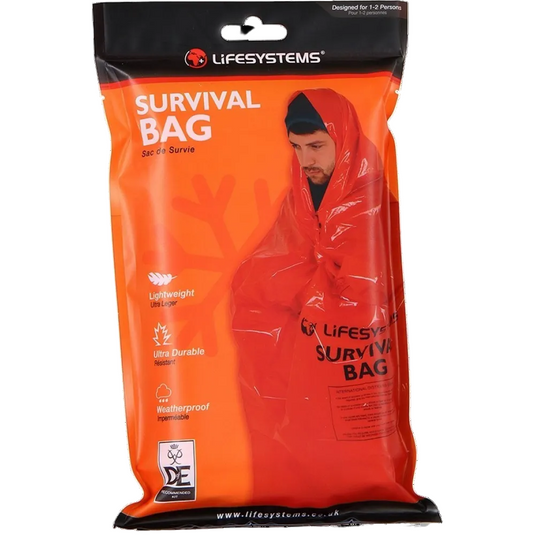Lifesystems survival bag packaging with a person inside, on a white background