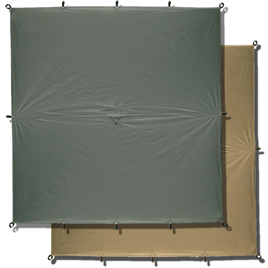 Two technical outdoor tarps in khaki and sand colors for versatile shelter.