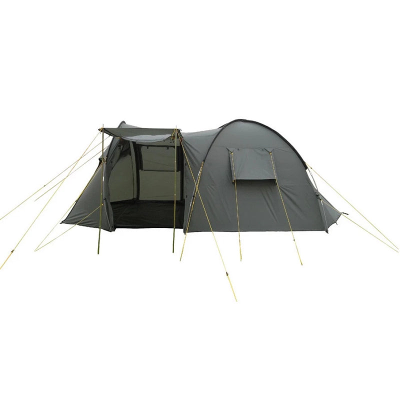 Load image into Gallery viewer, Terra Incognita Olympia 4 family camping tent in gray with open front entrance and sun canopy poles set up
