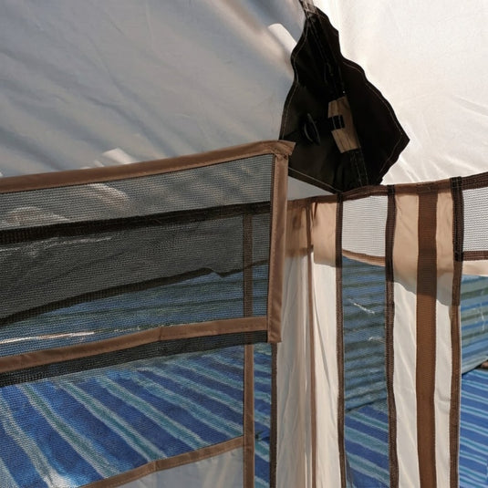 Close-up of durable mesh ventilation screen and reinforced stitching on gazebo