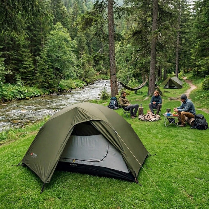 Load image into Gallery viewer, SkyLine 2 green 2-person tent pitched in a grassy field with mountain view
