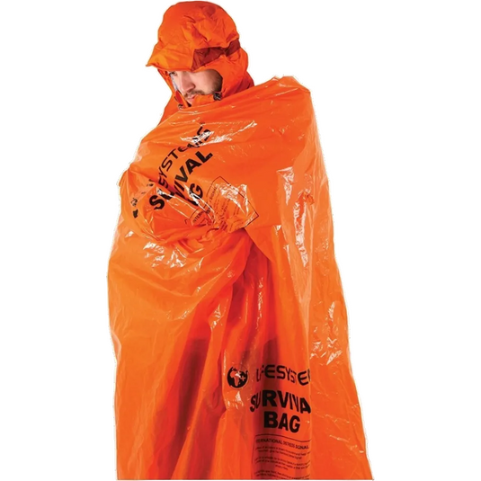 Person wearing an orange survival bag on a white background