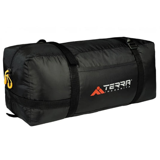 Packed Terra Incognita Grand 8 tent in black carrying bag with logo