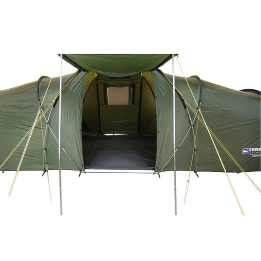 Front view of Terra Incognita Grand 8 tent with open vestibule showing interior space