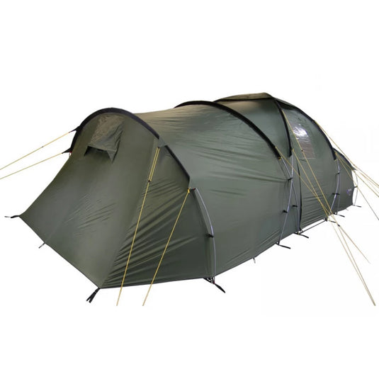 Angled side view of Terra Incognita Grand 8 tent highlighting tent structure and poles
