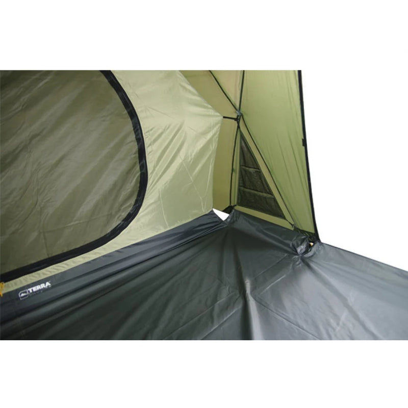 Load image into Gallery viewer, Interior floor corner of Terra Incognita Grand 8 tent showing waterproof Oxford flooring
