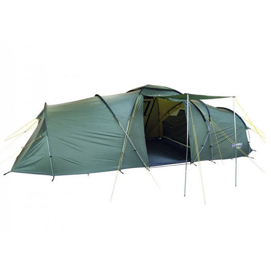 Front perspective of Terra Incognita Grand 8 tent fully pitched in Khaki color