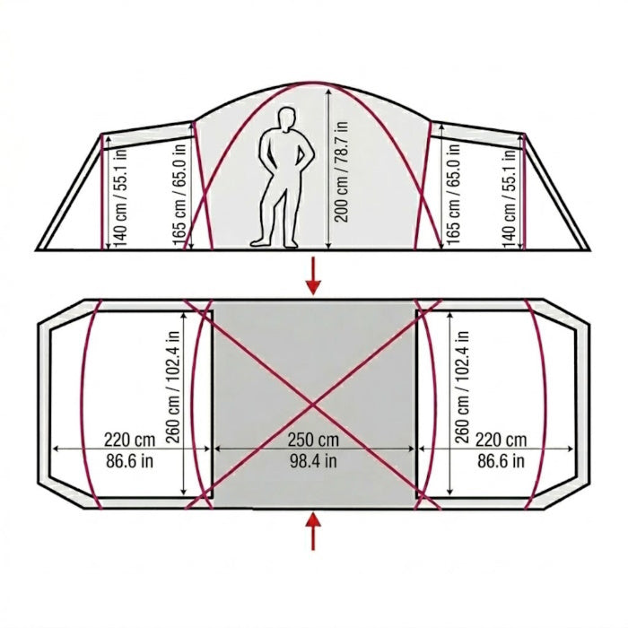 Load image into Gallery viewer, Layout diagram of Terra Incognita Grand 8 tent with measurements and compartment labels
