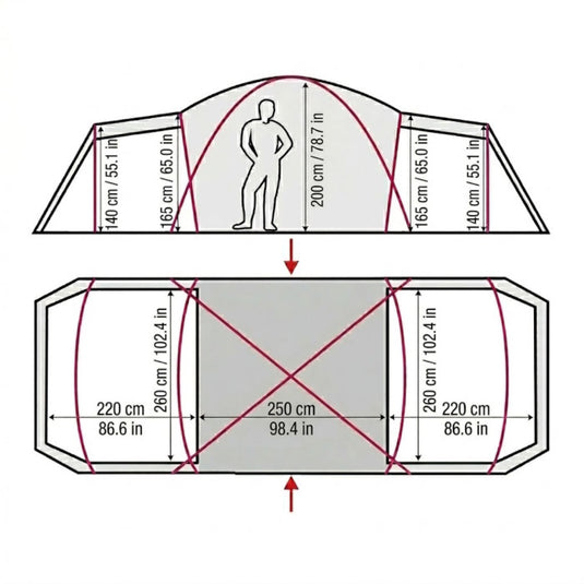 Layout diagram of Terra Incognita Grand 8 tent with measurements and compartment labels
