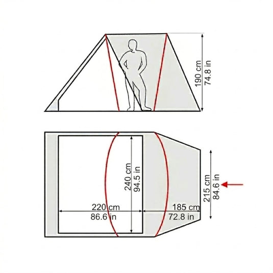 Size and floor plan diagram for Terra Incognita Camp 4 tunnel tent