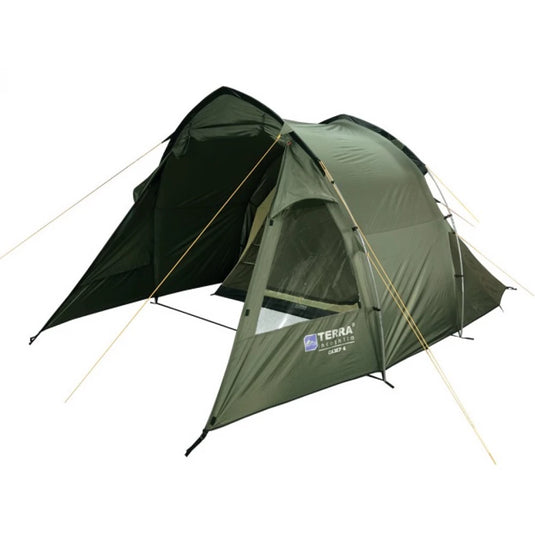 Terra Incognita Camp 4 tunnel tent in khaki color with large open vestibule