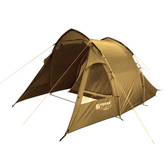 Terra Incognita Camp 4 tunnel tent in sand color with large open vestibule