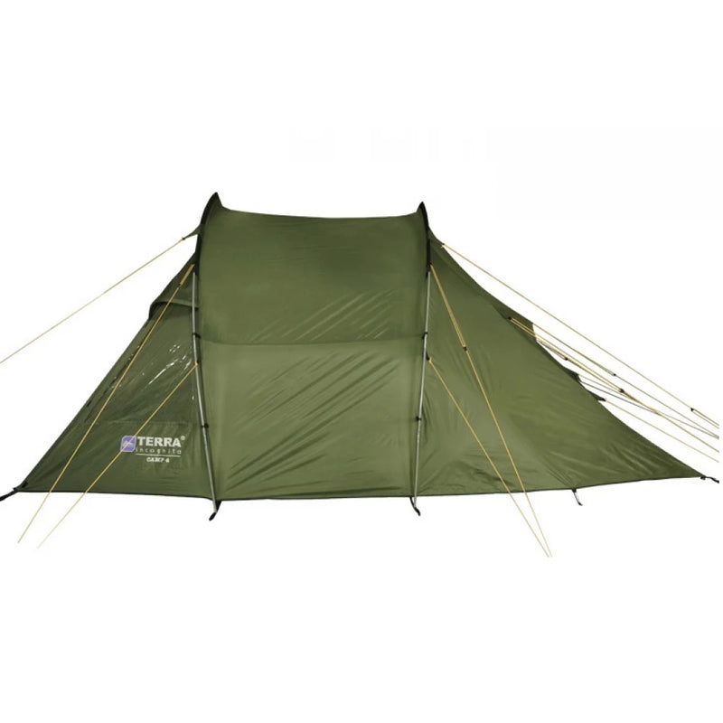 Load image into Gallery viewer, Side profile of Terra Incognita Camp 4 tunnel tent in khaki color
