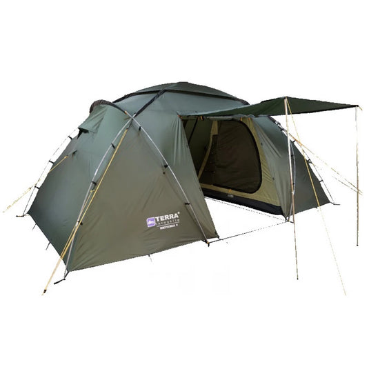 Terra Incognita Empresa 4 family camping tent in khaki with sun canopy setup