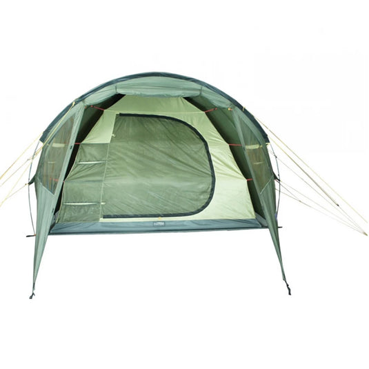 Khaki Oazis 5 tent with open vestibule showing inner sleeping area