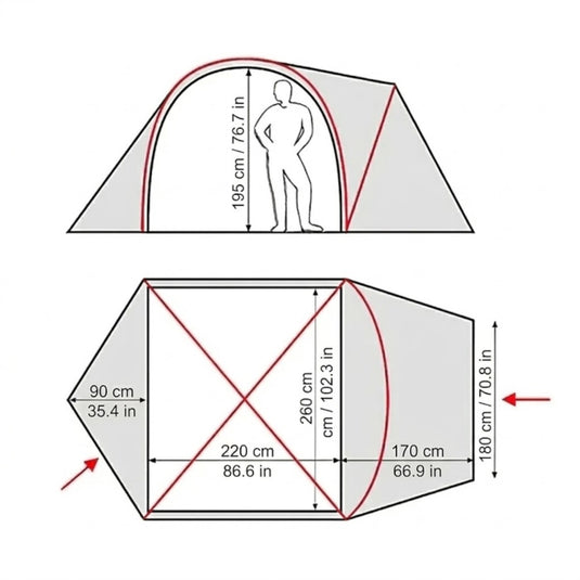 Technical floor plan and height dimensions for Oazis 5 camping tent