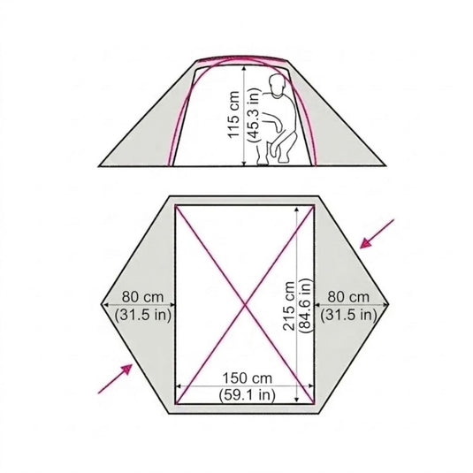 Omega 2 tent size: 215x150cm sleeping area and 115cm peak height diagram
