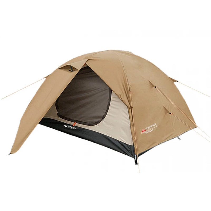 Load image into Gallery viewer, Terra Incognita Omega 3-person tent in sand color with open vestibule
