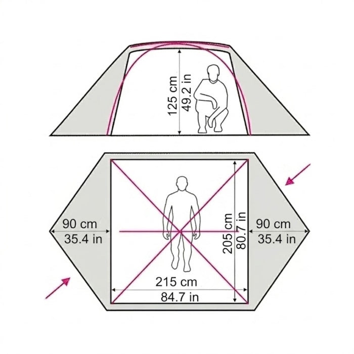 Load image into Gallery viewer, Dimensions diagram of Omega 3 tent showing 215x205cm floor and 125cm height
