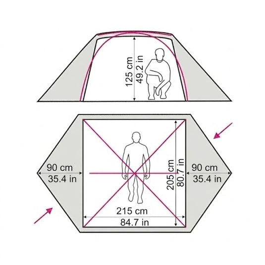 Dimensions diagram of Omega 3 tent showing 215x205cm floor and 125cm height