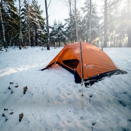 Stream 2 4-season tent at a forest campsite with mountain background