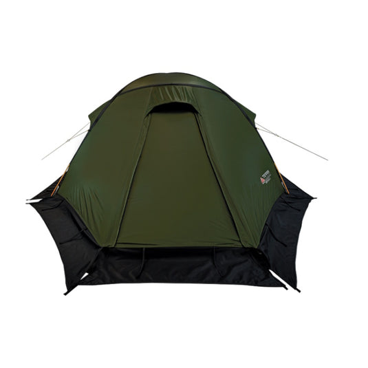 Front View of Green TopRock 2 Expedition Tent Featuring Full Snow Skirts