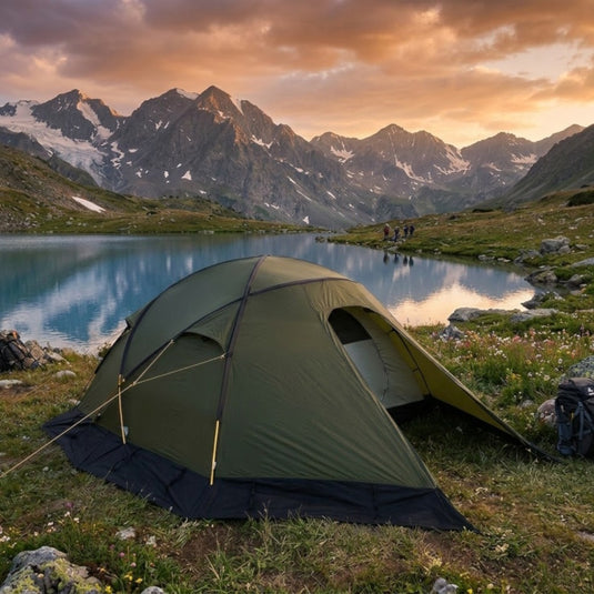 Green TopRock 2 Expedition Tent Pitched by a Scenic Mountain Lake at Sunset