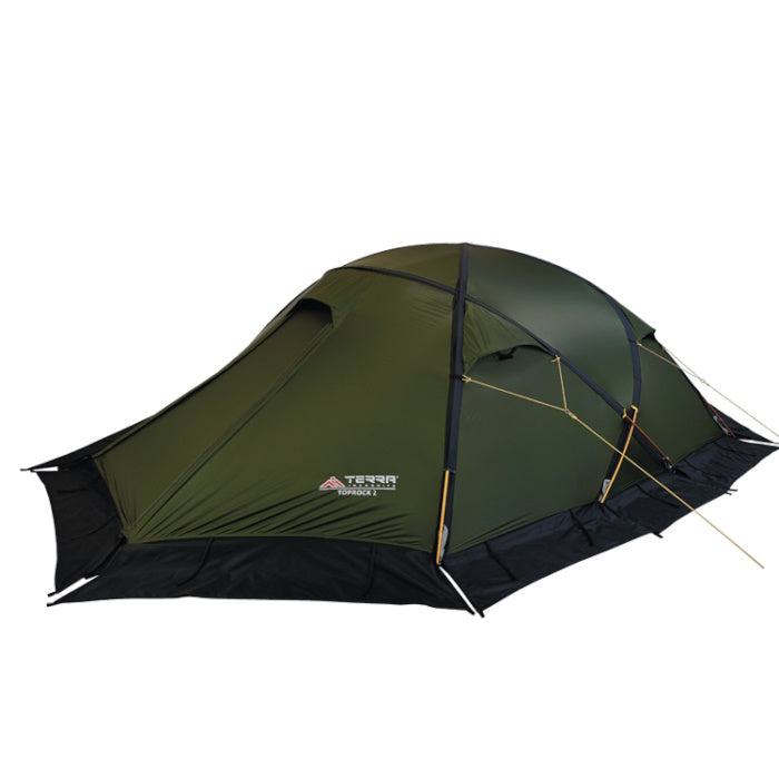 Load image into Gallery viewer, Side view of Green TopRock 2 Expedition Tent with Full Snow Skirt on White Background
