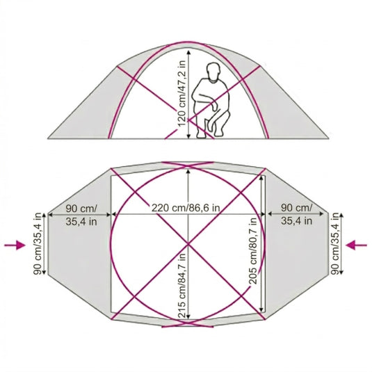 Technical dimensions of TopRock 4 tent, inner and outer size scheme