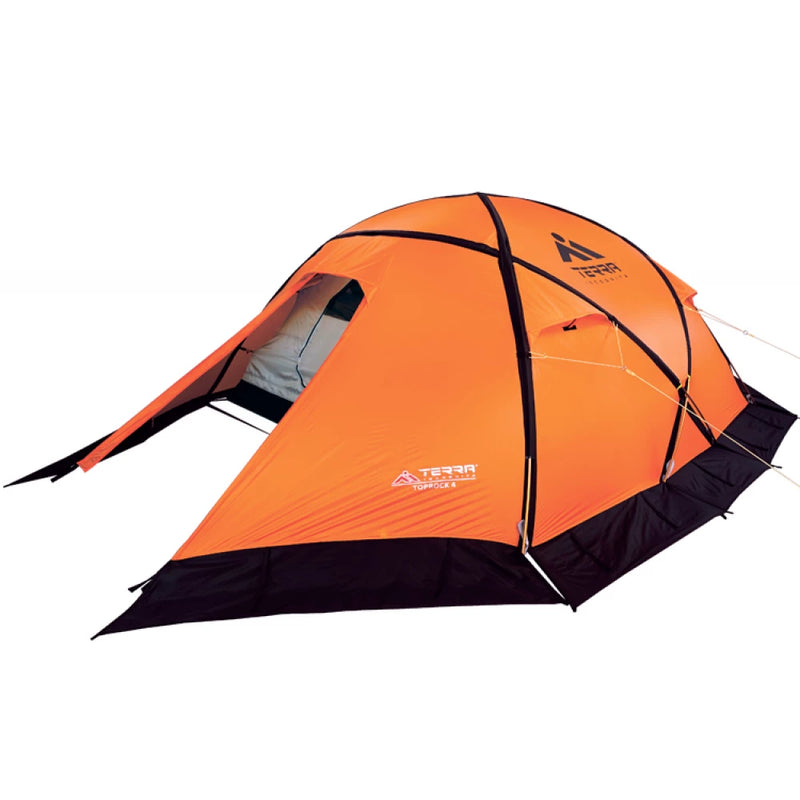 Load image into Gallery viewer, TopRock 4-person expedition tent in Orange with protective snow skirt
