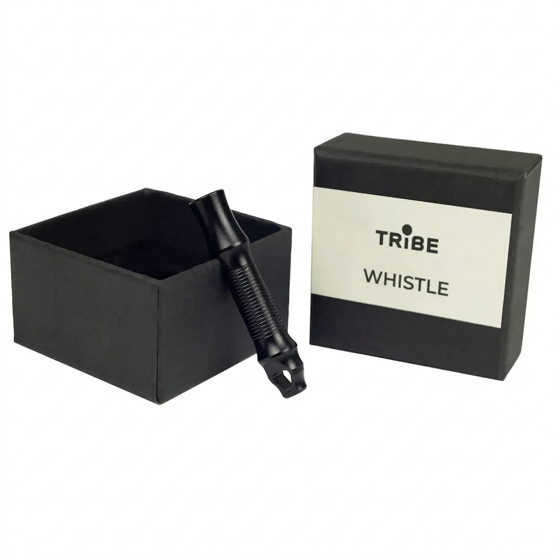Load image into Gallery viewer, Black whistle with packaging labeled 'TRIBE' on a white background
