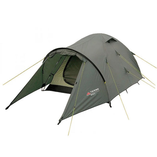 Zeta 2-person camping tent in Khaki color, full setup with rainfly and front vestibule