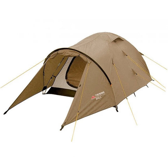 Zeta 3-person waterproof tent in Khaki, perspective side view