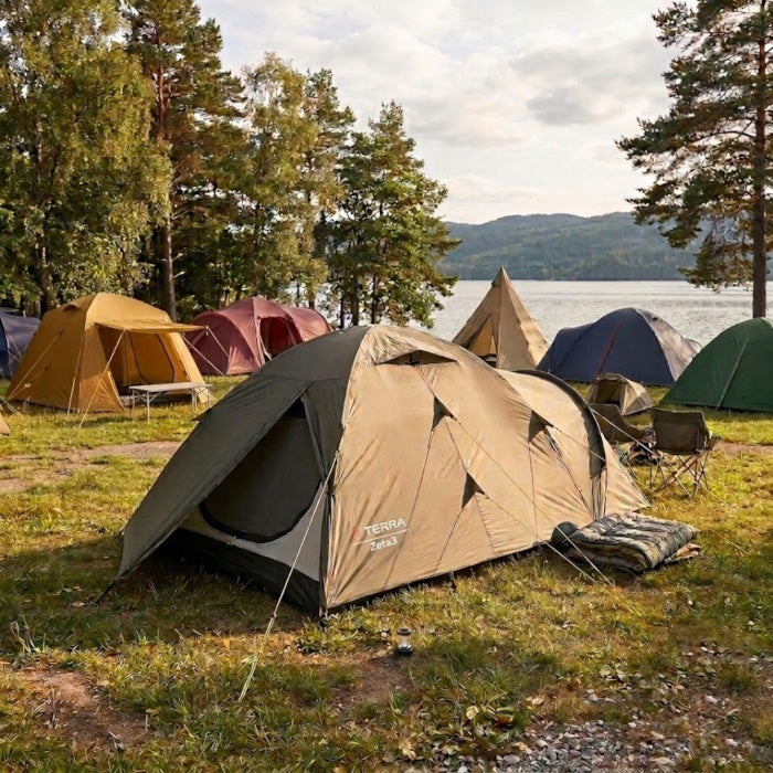 Load image into Gallery viewer, Tents set up near a lake with trees in the background
