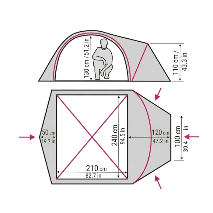 Load image into Gallery viewer, Internal dimensions and floor plan of Zeta 4-person inner tent
